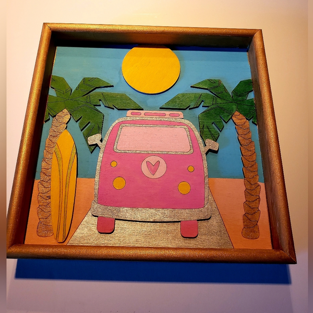 3D Framed Wood Beach and Van Scene.